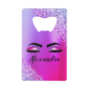 Paarse roze monogram Glitter Eyelashes Modern Creditkaart Flessenopener