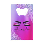 Paarse roze monogram Glitter Eyelashes Modern Creditkaart Flessenopener (Achterkant)
