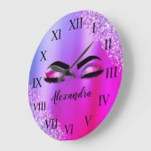 Paarse roze monogram Glitter Eyelashes Modern Grote Klok (Hoek)