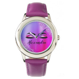 Paarse roze monogram Glitter Eyelashes Modern Horloge
