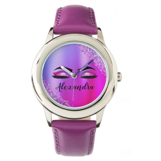 Paarse roze monogram Glitter Eyelashes Modern Horloge (Voorkant)