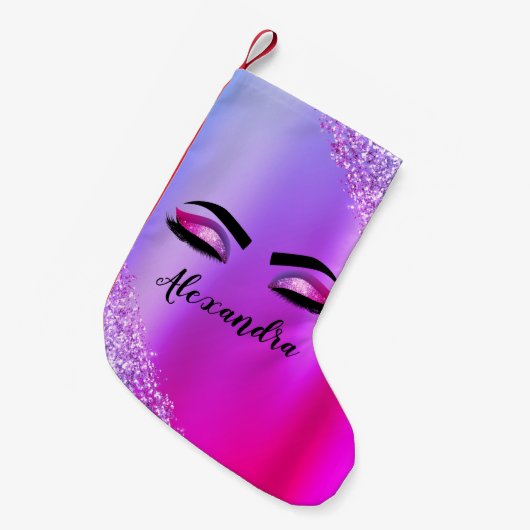 Paarse roze monogram Glitter Eyelashes Modern Kleine Kerstsok (Voorkant (Hangend))