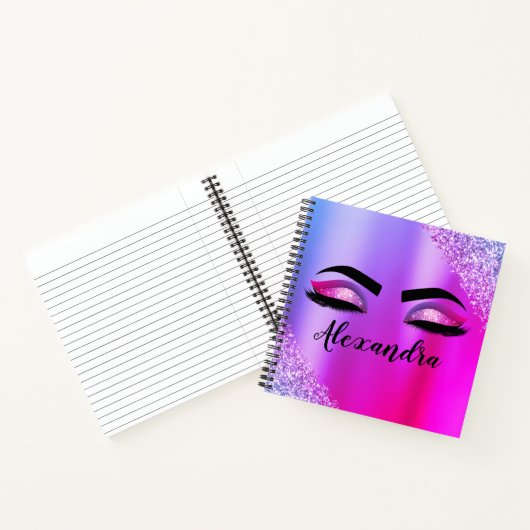 Paarse roze monogram Glitter Eyelashes Modern Notitieboek (Binnen)