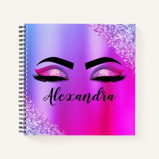 Paarse roze monogram Glitter Eyelashes Modern Notitieboek (Voorkant)