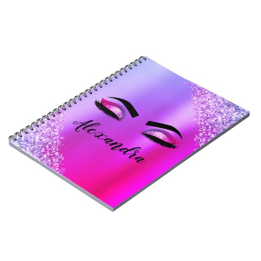 Paarse roze monogram Glitter Eyelashes Modern Notitieboek (Linkerzijde)