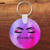 Paarse roze monogram Glitter Eyelashes Modern Sleutelhanger (Voorkant)