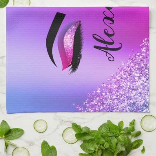 Paarse roze monogram Glitter Eyelashes Modern Theedoek (Gevouwen)