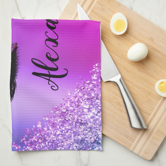 Paarse roze monogram Glitter Eyelashes Modern Theedoek (Quarter Fold)