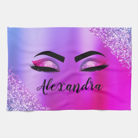 Paarse roze monogram Glitter Eyelashes Modern Theedoek (Horizontaal)