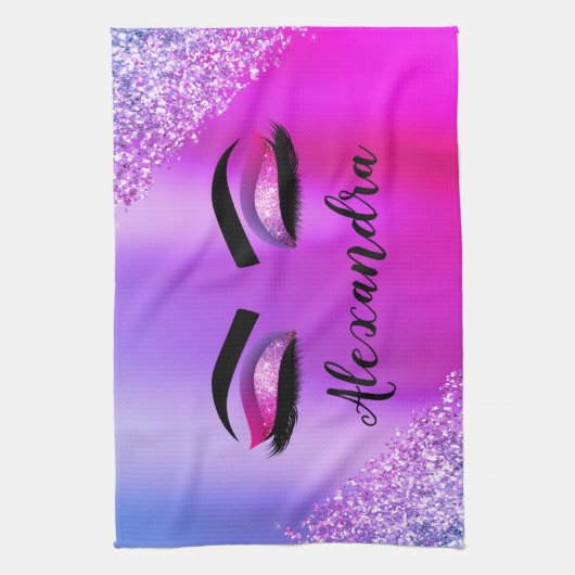 Paarse roze monogram Glitter Eyelashes Modern Theedoek (Verticaal)