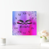 Paarse roze monogram Glitter Eyelashes Modern Vierkante Klok (Huis)