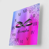 Paarse roze monogram Glitter Eyelashes Modern Vierkante Klok (Hoek)
