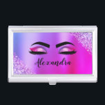 Paarse roze monogram Glitter Eyelashes Modern Visitekaarthouder<br><div class="desc">Paarse en Roze Faux Folie Metallic Sparkle Glitter Brushed Metal Monogram Naam en Initiaal Wimpers (Wimpers),  Wimper Extensions en Eyes Business Card Holder. Dit maakt de perfecte lieve 16 jarige,  bruiloft,  vrijgezellenfeest,  jubileum,  baby shower of vrijgezellenfeest cadeau voor iemand die haar kamer in trendy koele stijl.</div>
