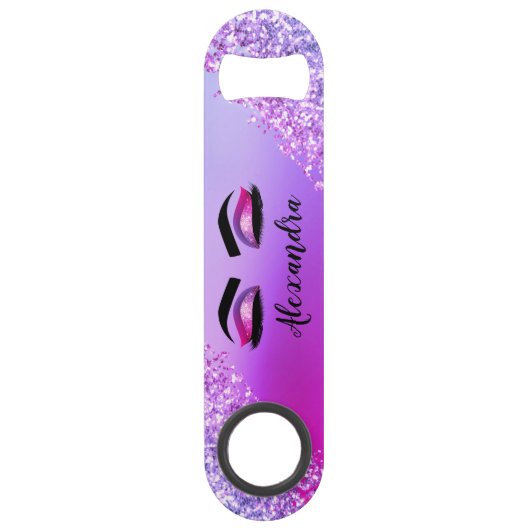 Paarse Roze Monogram Glitter Wimpers Modern Speed Flessenopener (Voorkant)