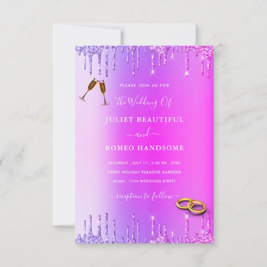 Paarse roze neon Glitter drift huwelijksuitnodigin (Voorkant)