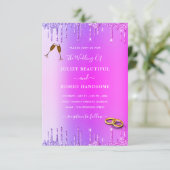 Paarse roze neon Glitter drift huwelijksuitnodigin (Staand voorkant)