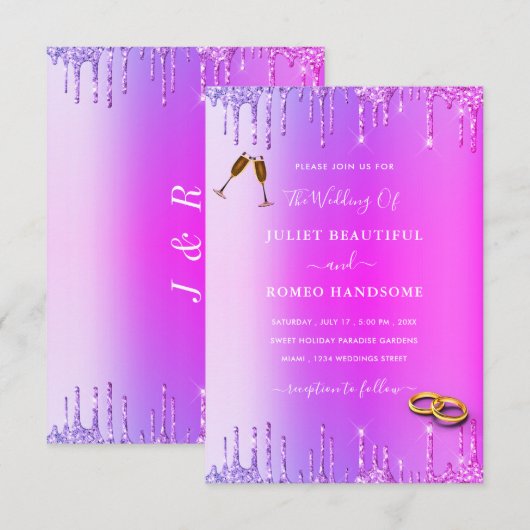 Paarse roze neon Glitter drift huwelijksuitnodigin (Voorkant / Achterkant)