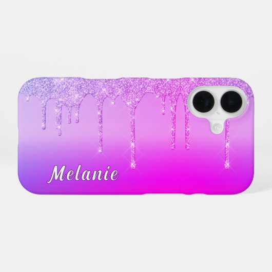 Paarse Roze Neon iPhone Case met aangepaste naam 16 Hoesje (Achterkant horizontaal)