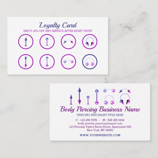 Paarse roze neon Stijlvolle body Piercing Klantenkaartje (Voorkant / Achterkant)