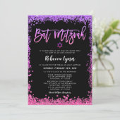 Paarse Roze Nep Glitter Bat Mitzvah Kaart (Staand voorkant)