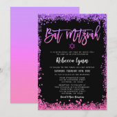 Paarse Roze Nep Glitter Bat Mitzvah Kaart (Voorkant / Achterkant)