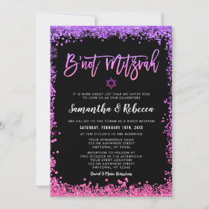 Paarse Roze Nep Glitter B'not Mitzvah Kaart