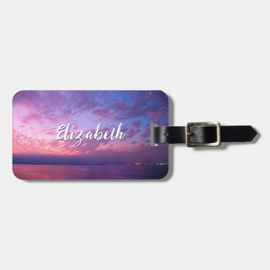 Paarse roze oceaan zonneset, aangepast naamscript bagagelabel (Voorkant horizontaal)