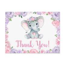 Paarse roze olifant Dank je Rozen Girl Briefkaart