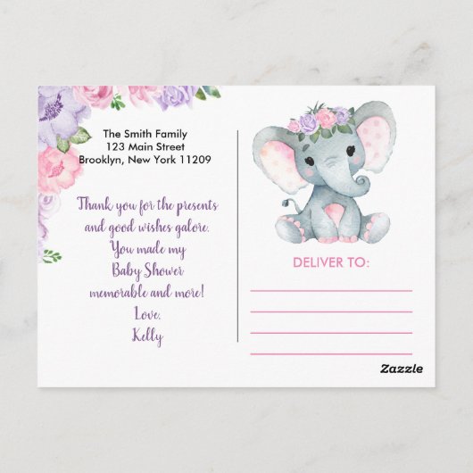 Paarse roze olifant Dank je Rozen Girl Briefkaart (Achterkant)