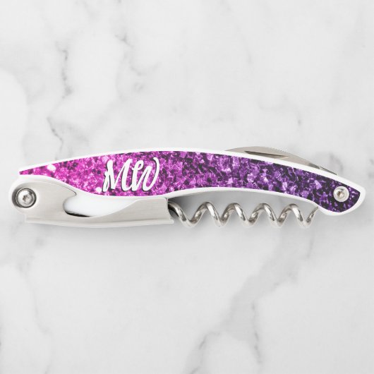 Paarse roze ombre faux glitter fonkelt Monogram Kurkentrekker (Voorkant)