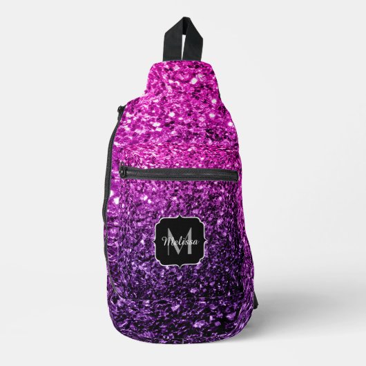 Paarse roze ombre faux glitter fonkelt Monogram Sling Bag (Voorkant)