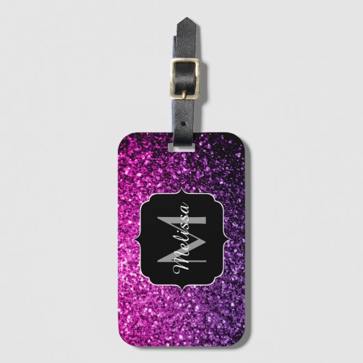 Paarse roze ombre faux glitter sparvers Monogram Bagagelabel (Voorkant (verticaal))
