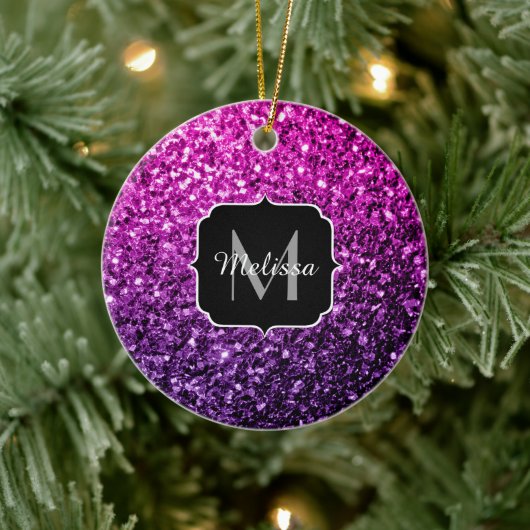 Paarse roze ombre faux glitter sparvers Monogram Keramisch Ornament (Boom)