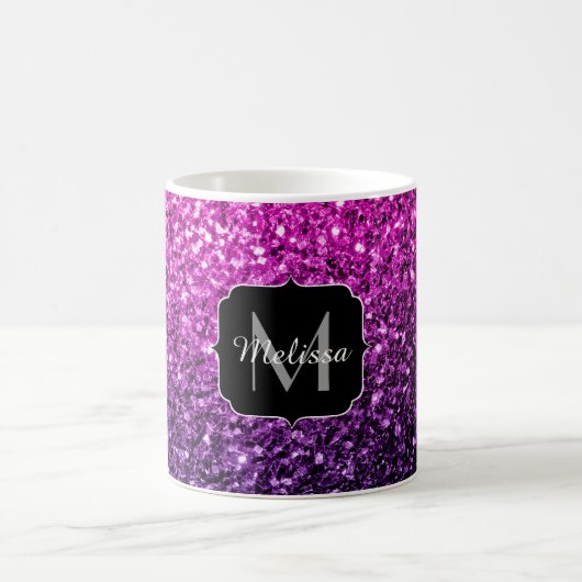 Paarse roze ombre faux glitter sparvers Monogram Koffiemok (Center)