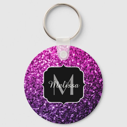 Paarse roze ombre faux glitter sparvers Monogram Sleutelhanger (Voorkant)