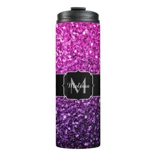 Paarse roze ombre faux glitter sparvers Monogram Thermosbeker (Voorkant)