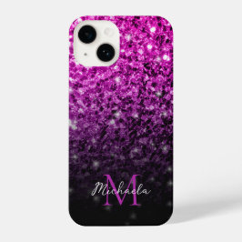 Paarse roze ombre faux sparkles Monogram iPhone 14 Hoesje