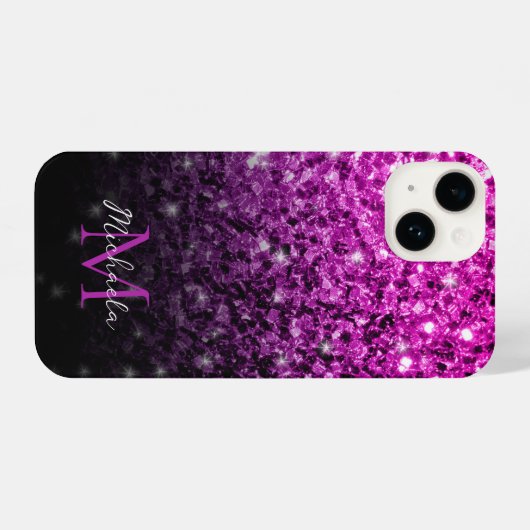 Paarse roze ombre faux sparkles Monogram iPhone Hoesje (Achterkant horizontaal)