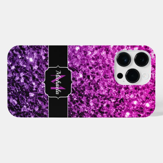 Paarse roze ombre faux sparkles Monogram iPhone Hoesje (Achterkant horizontaal)