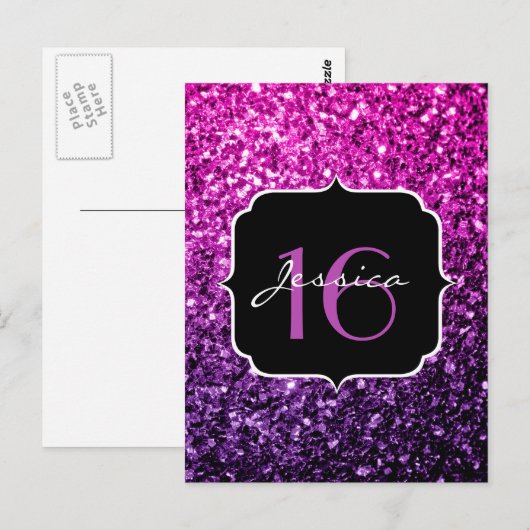 Paarse roze ombre glitter sparkles Sweet 16 Briefkaart (Voorkant / Achterkant)