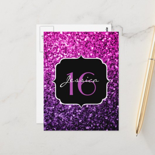 Paarse roze ombre glitter sparkles Sweet 16 Briefkaart (Voorkant / Achterkant in situ)