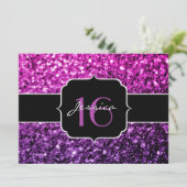 Paarse roze ombre glitter sparkles Sweet 16 Invite Kaart (Staand voorkant)