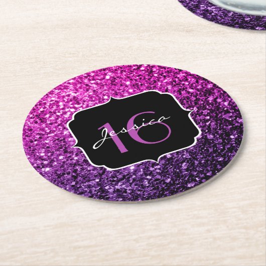 Paarse roze ombre glitter sparkles Sweet 16 Ronde Kartonnen Onderzetter (Gebogen)