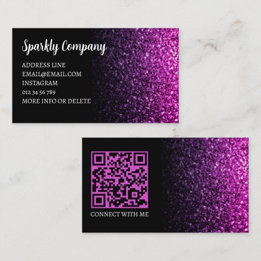 Paarse roze ombre sparkle zwart elegant QR code Visitekaartje (Voorkant / Achterkant)