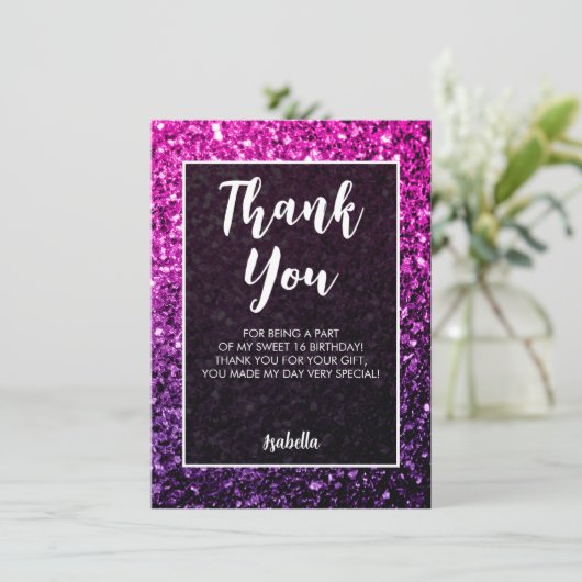 Paarse roze ombre sparkles Sweet 16 elegant script Bedankkaart (Staand voorkant)