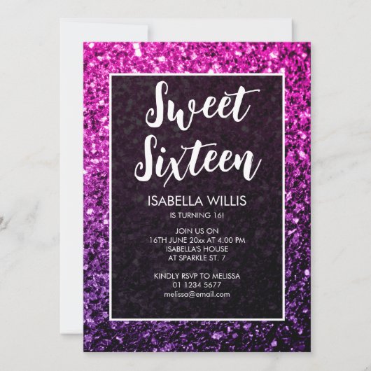 Paarse roze ombre sparkles Sweet 16 elegant script Kaart (Voorkant)