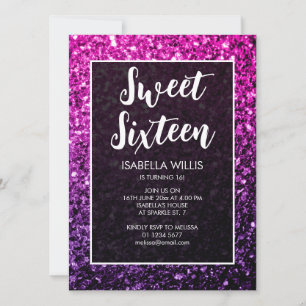 Paarse roze ombre sparkles Sweet 16 elegant script Kaart