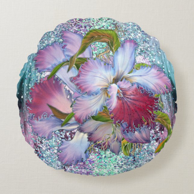 Paarse roze orchidee Floral Waterverf Rond Kussen (Voorkant)