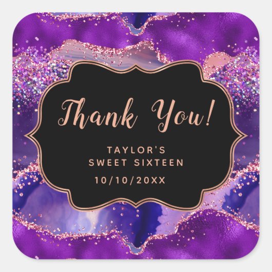 Paarse roze pailletten agaat zoet zestien dank u vierkante sticker (Voorkant)