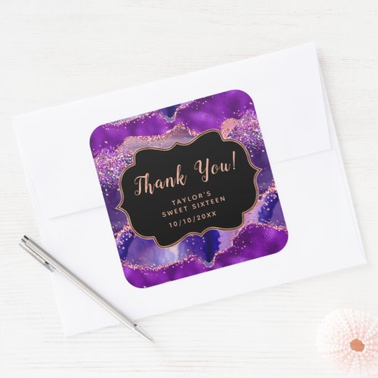 Paarse roze pailletten agaat zoet zestien dank u vierkante sticker (Envelop)